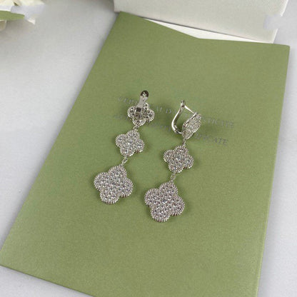 [⭐Sparkve]CLOVER 3 MOTIF DIAMOND SILVER DROP EARRINGS