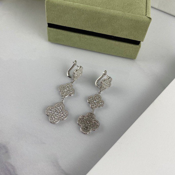 [⭐Sparkve]CLOVER 3 MOTIF DIAMOND SILVER DROP EARRINGS