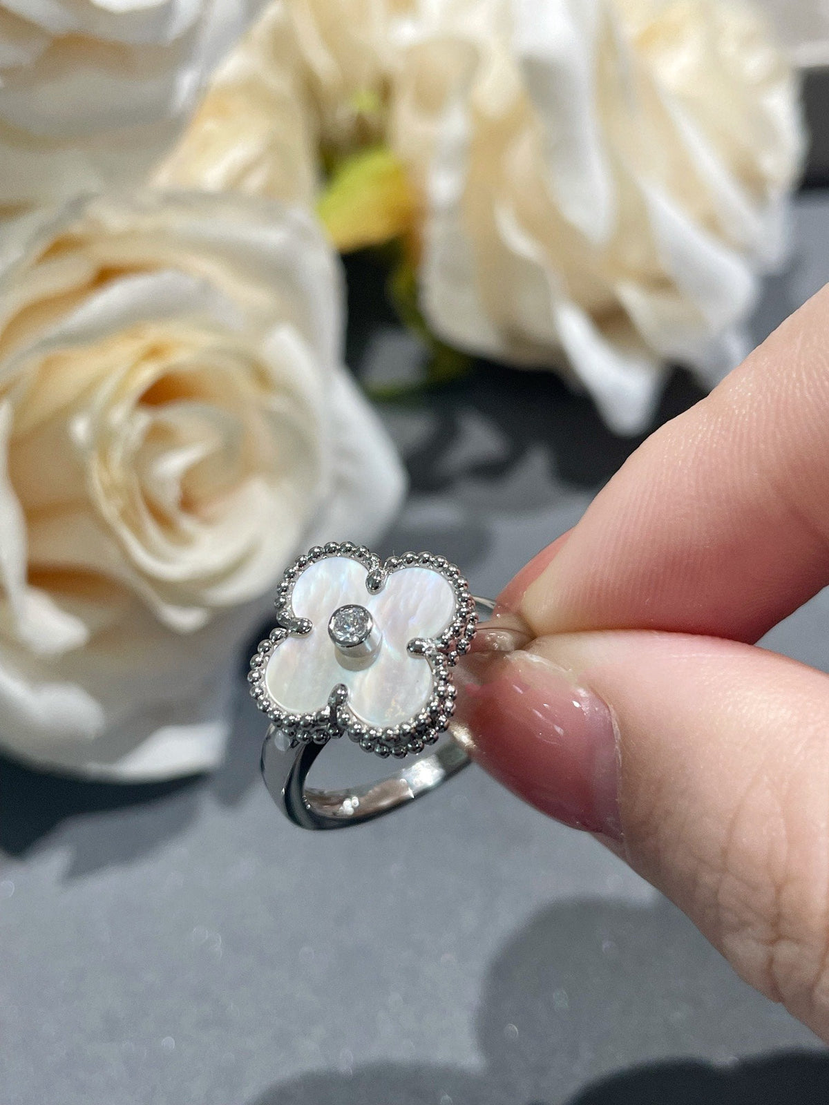 [⭐Sparkve]CLOVER SILVER MOP DIAMOND RING