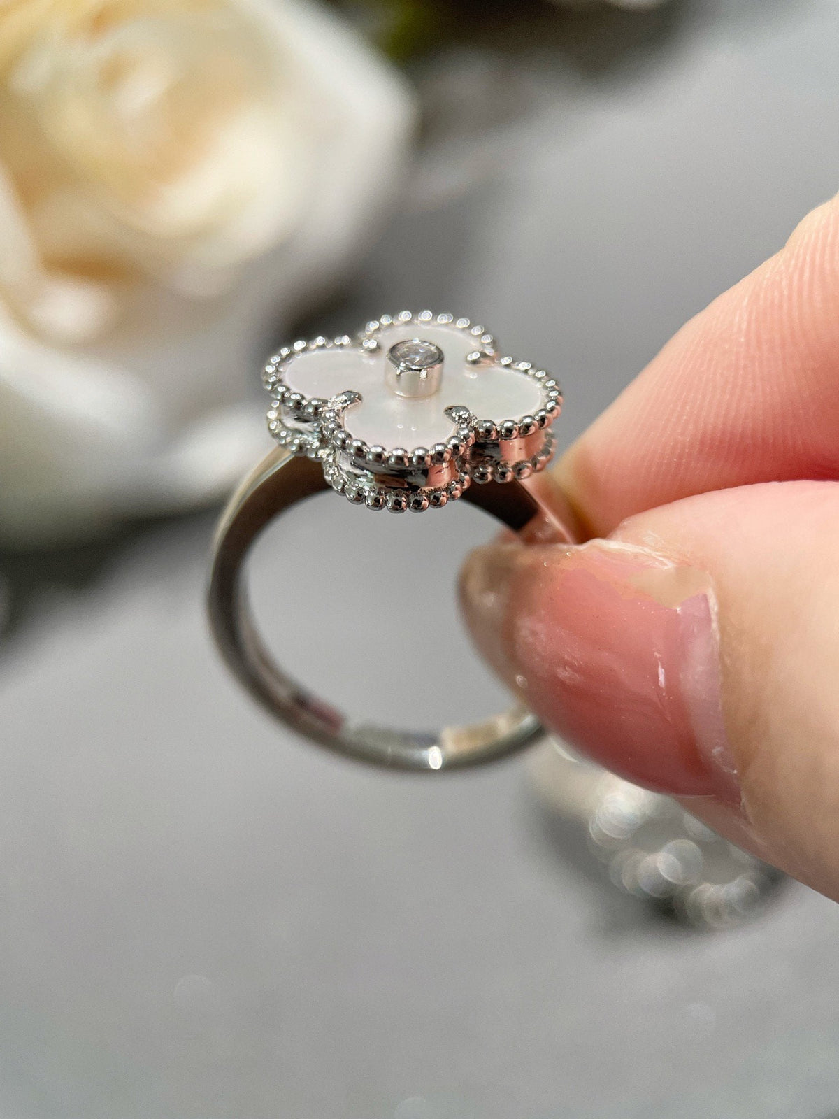 [⭐Sparkve]CLOVER SILVER MOP DIAMOND RING