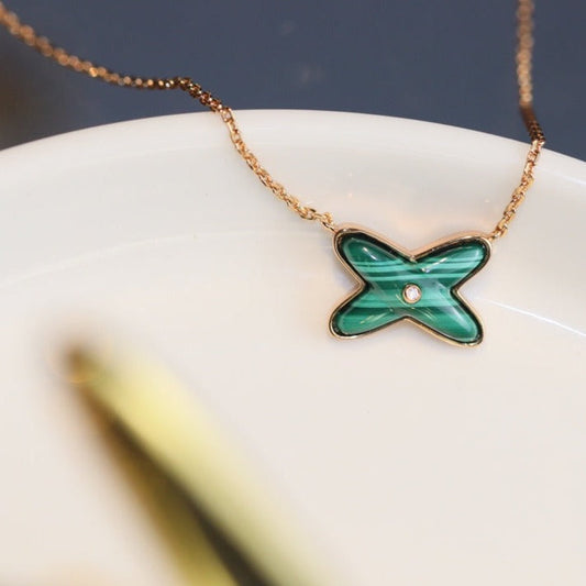 [⭐Sparkve]JEUX MALACHITE 1 DIAMOND PINK GOLD NECKLACE