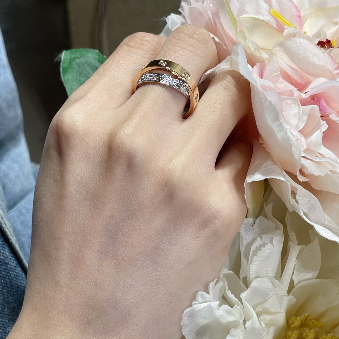 [⭐Sparkve]LOVE PINK GOLD SILVER DIAMOND DOUBLE RING