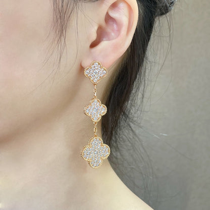 [⭐Sparkve]CLOVER 3 MOTIFS DIAMOND PAVED ROSE GOLD EARRINGS