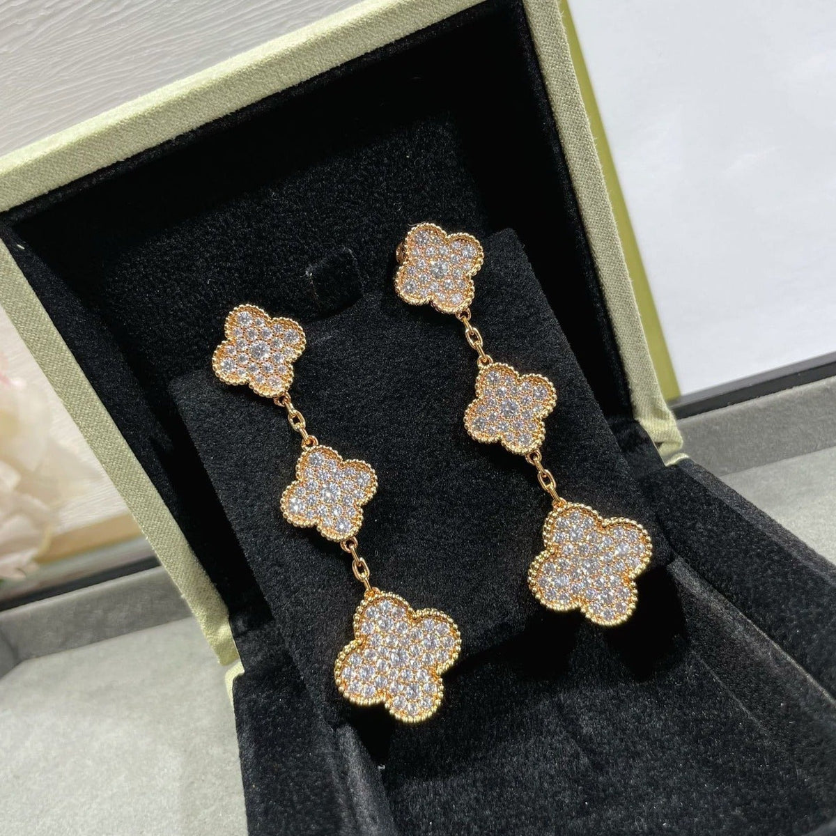 [⭐Sparkve]CLOVER 3 MOTIFS DIAMOND PAVED ROSE GOLD EARRINGS