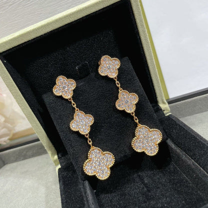[⭐Sparkve]CLOVER 3 MOTIFS DIAMOND PAVED ROSE GOLD EARRINGS