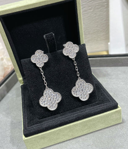[⭐Sparkve]CLOVER 2 MOTIFS DIAMOND PAVED SILVER EARRINGS