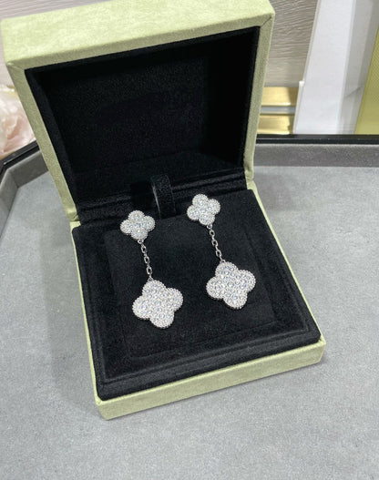 [⭐Sparkve]CLOVER 2 MOTIFS DIAMOND PAVED SILVER EARRINGS