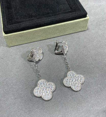 [⭐Sparkve]CLOVER 2 MOTIFS DIAMOND PAVED SILVER EARRINGS