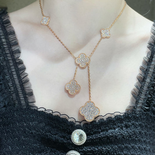 [⭐Sparkve]CLOVER 6 MOTIF DIAMOND PAVED NECKLACE
