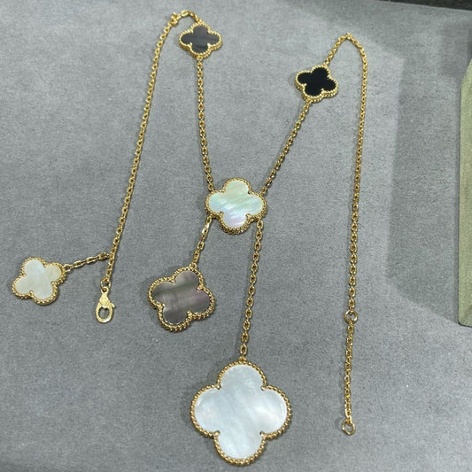 [⭐Sparkve]CLOVER 6 MOTIF MOP ONYX GOLD NECKLACE
