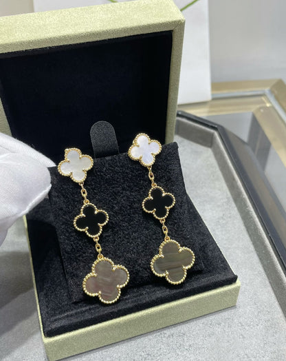 [⭐Sparkve]CLOVER 3 MOTIF MOP ONYX DARK MOP PINK GOLD EARRINGS