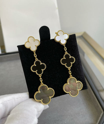 [⭐Sparkve]CLOVER 3 MOTIF MOP ONYX DARK MOP PINK GOLD EARRINGS