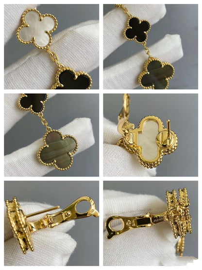 [⭐Sparkve]CLOVER 3 MOTIF MOP ONYX DARK MOP PINK GOLD EARRINGS