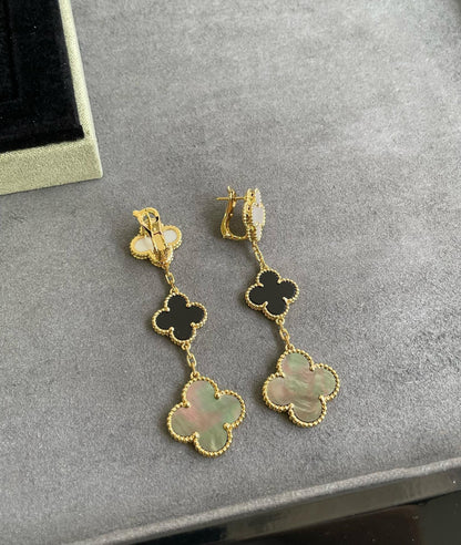 [⭐Sparkve]CLOVER 3 MOTIF MOP ONYX DARK MOP PINK GOLD EARRINGS