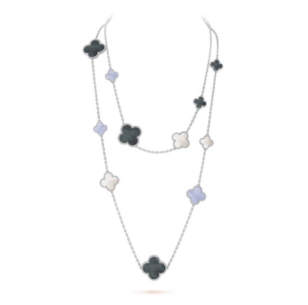 [⭐Sparkve]CLOVER 16 MOTIF CHALCEDONY MOP SILVER NECKLACE