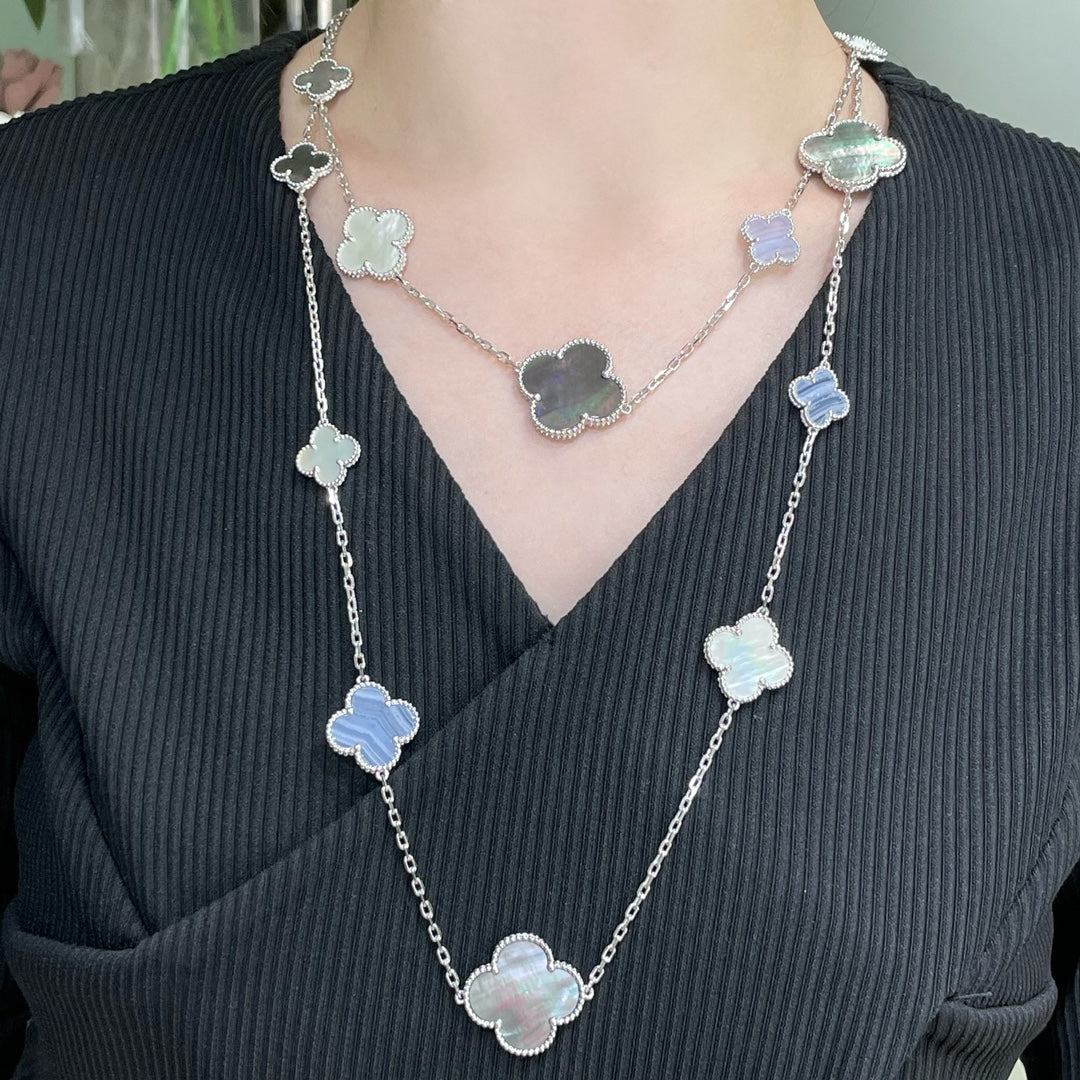 [⭐Sparkve]CLOVER 16 MOTIF CHALCEDONY MOP SILVER NECKLACE