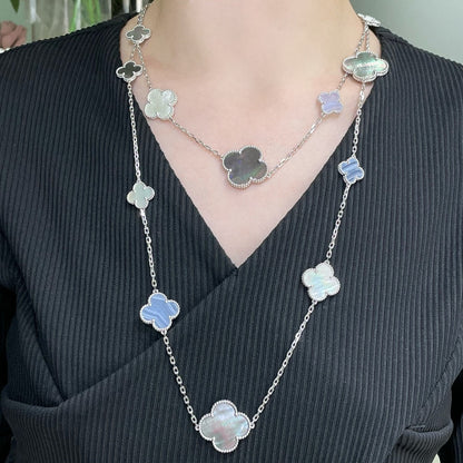 [⭐Sparkve]CLOVER 16 MOTIF CHALCEDONY MOP SILVER NECKLACE