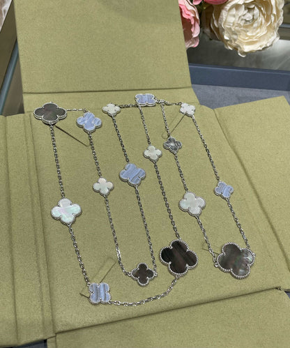 [⭐Sparkve]CLOVER 16 MOTIF CHALCEDONY MOP SILVER NECKLACE