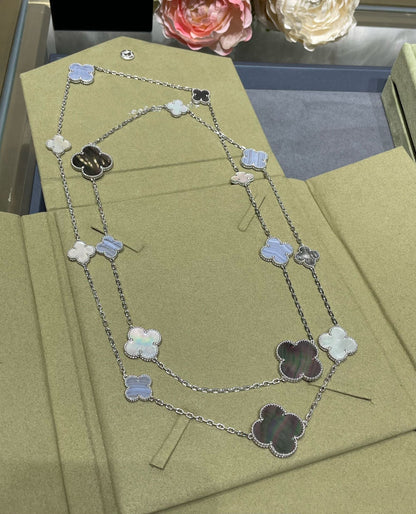 [⭐Sparkve]CLOVER 16 MOTIF CHALCEDONY MOP SILVER NECKLACE