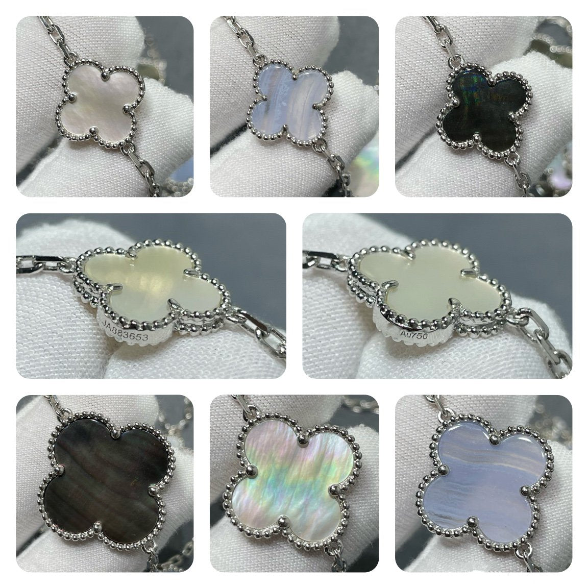 [⭐Sparkve]CLOVER 16 MOTIF CHALCEDONY MOP SILVER NECKLACE