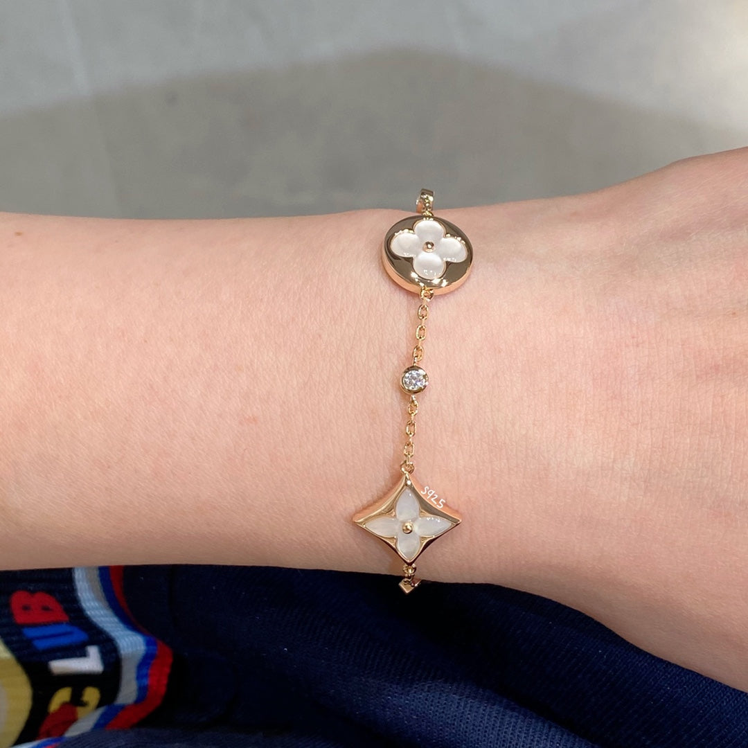 [⭐Sparkve]STAR AND SUN 4 MOTIF WHITE MOP PINK GOLD BRACELET