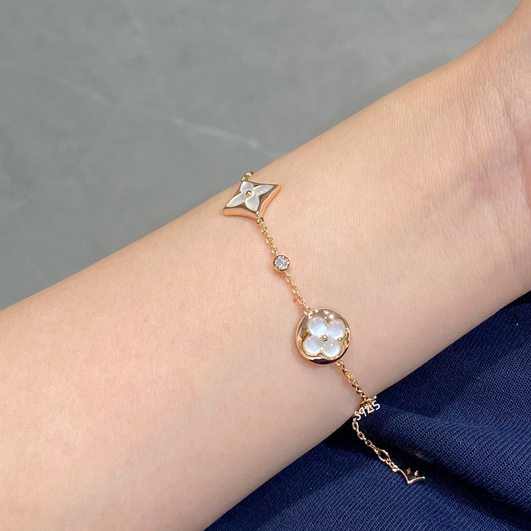 [⭐Sparkve]STAR AND SUN 4 MOTIF WHITE MOP PINK GOLD BRACELET
