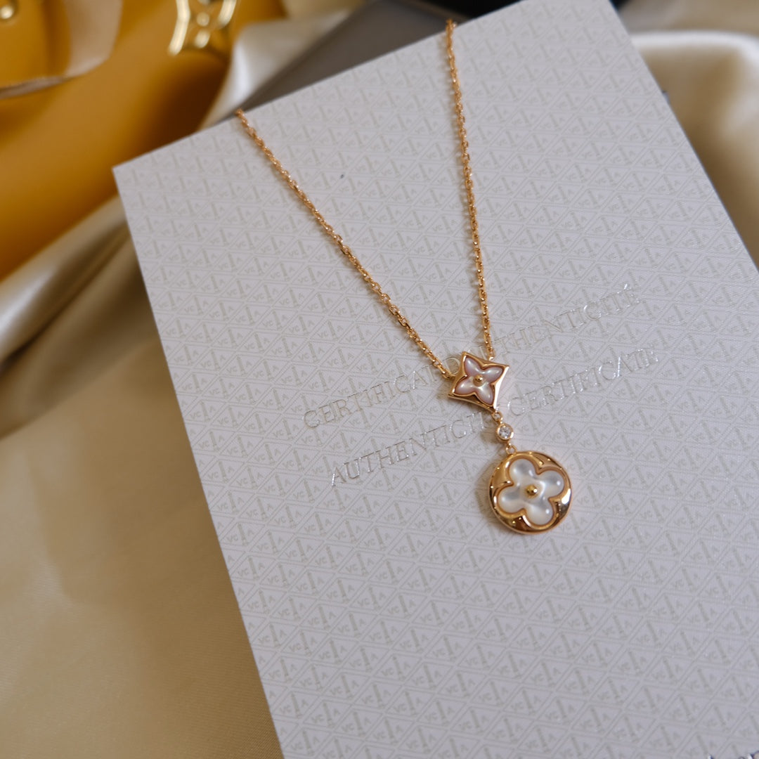 [⭐Sparkve]STAR AND SUN WHITE MOP 2 MOTIF PINK GOLD NECKLACE