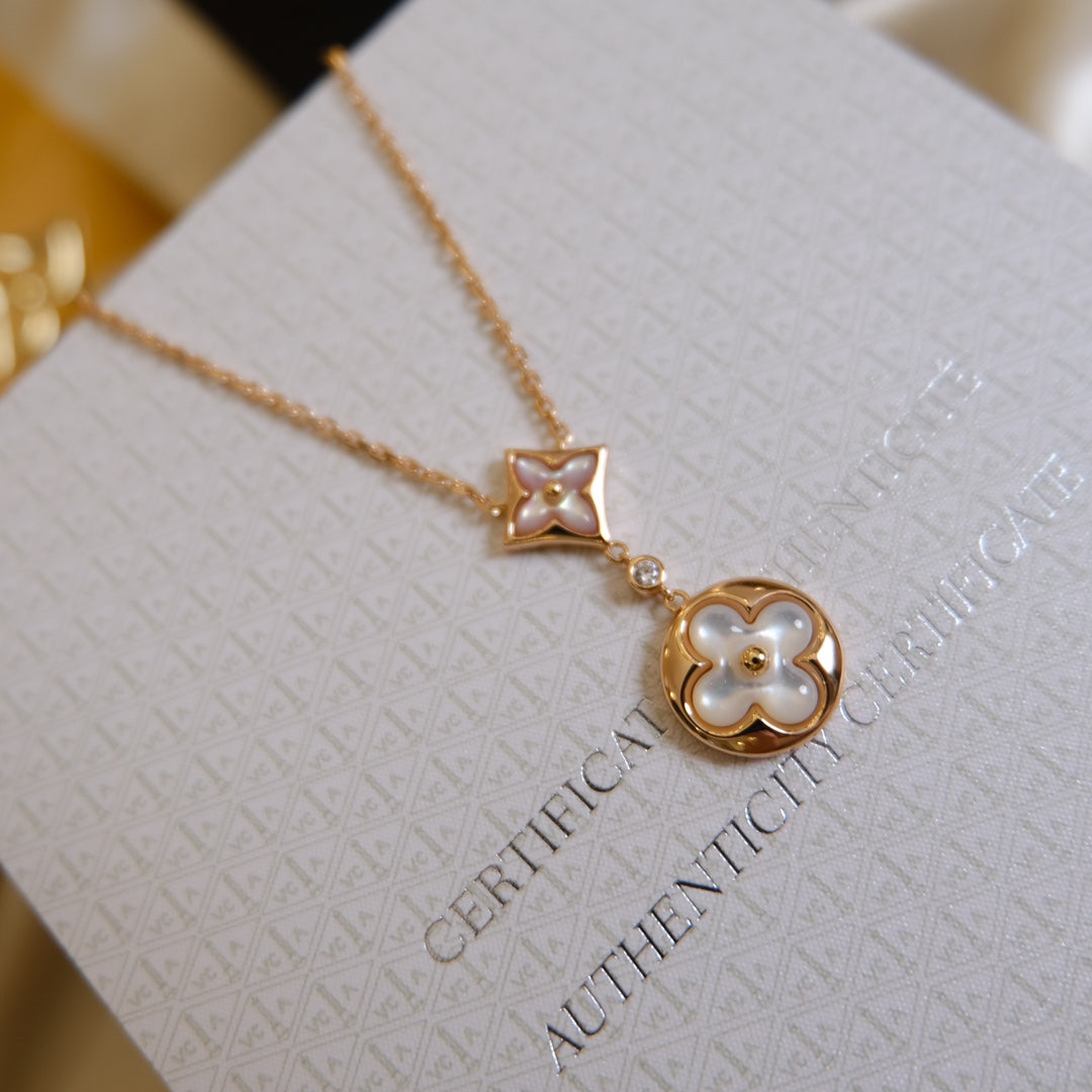[⭐Sparkve]STAR AND SUN WHITE MOP 2 MOTIF PINK GOLD NECKLACE