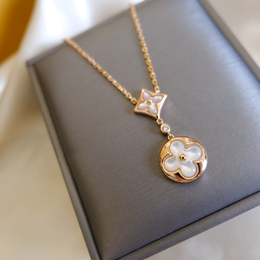 [⭐Sparkve]STAR AND SUN WHITE MOP 2 MOTIF PINK GOLD NECKLACE