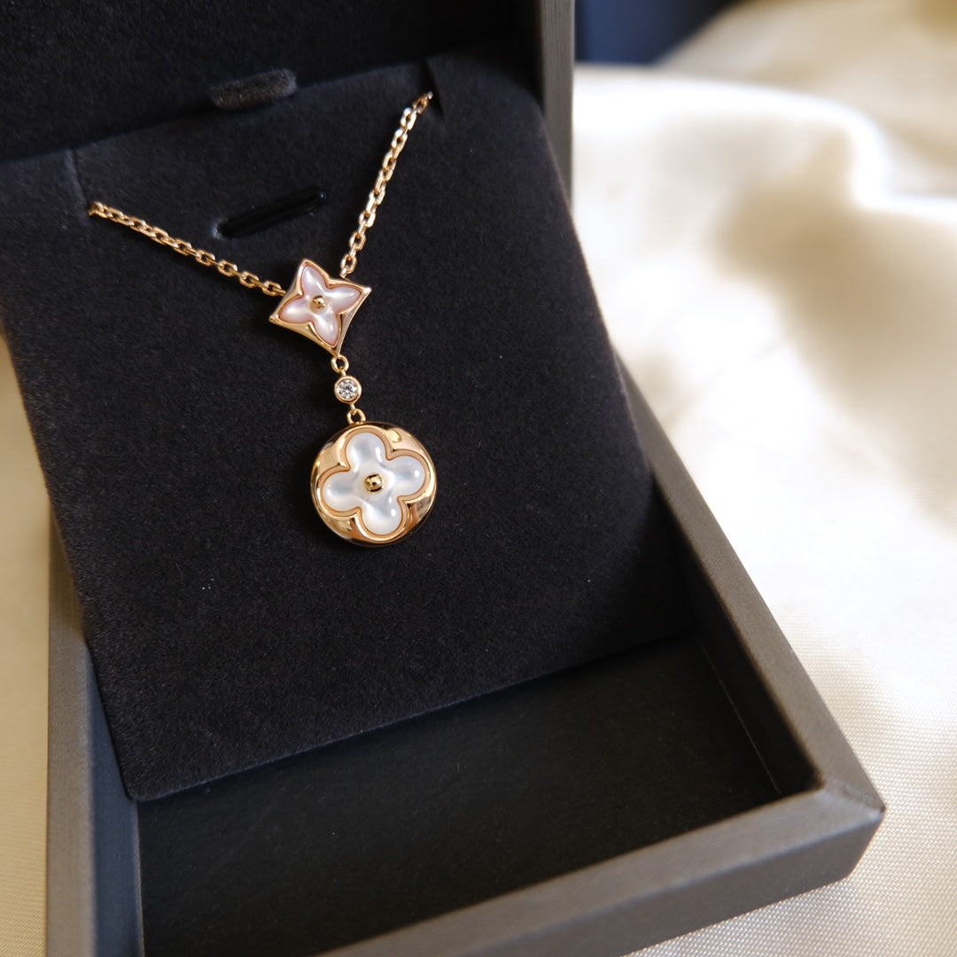 [⭐Sparkve]STAR AND SUN WHITE MOP 2 MOTIF PINK GOLD NECKLACE