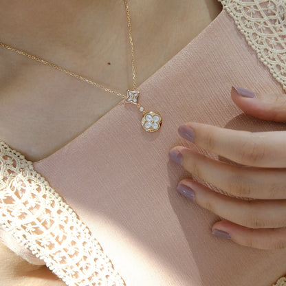[⭐Sparkve]STAR AND SUN WHITE MOP 2 MOTIF PINK GOLD NECKLACE