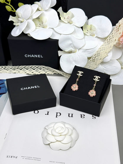 [⭐Sparkve]26C Pink Camellia Enamel Pendant with Double C Earrings