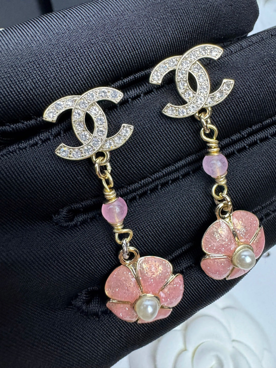 [⭐Sparkve]26C Pink Camellia Enamel Pendant with Double C Earrings