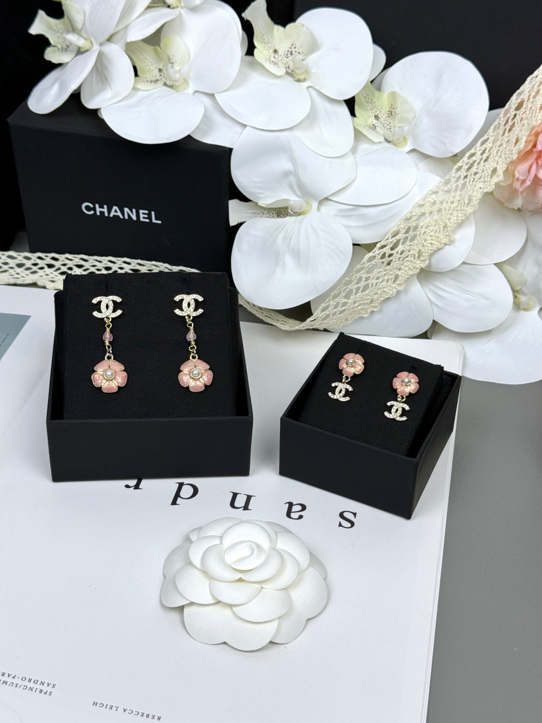 [⭐Sparkve]26C Pink Camellia Enamel Pendant with Double C Earrings