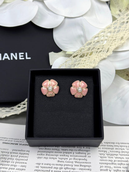 [⭐Sparkve]26C Pink Camellia Pearl Enamel Stud Earrings