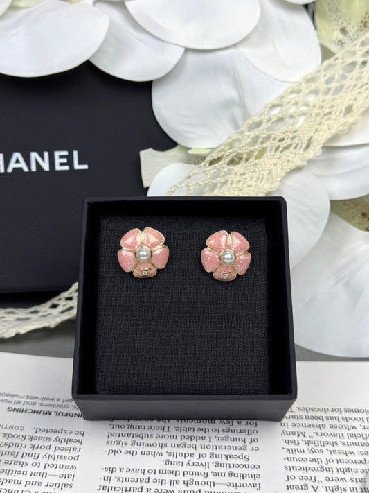 [⭐Sparkve]26C Pink Camellia Pearl Enamel Stud Earrings