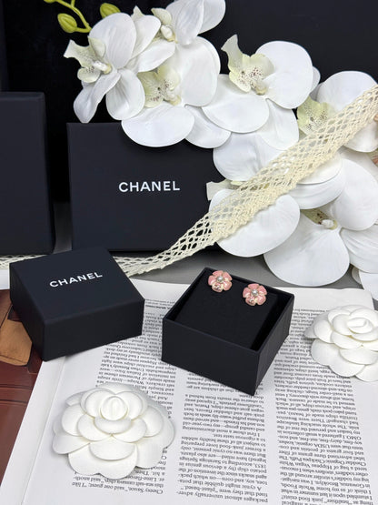 [⭐Sparkve]26C Pink Camellia Pearl Enamel Stud Earrings
