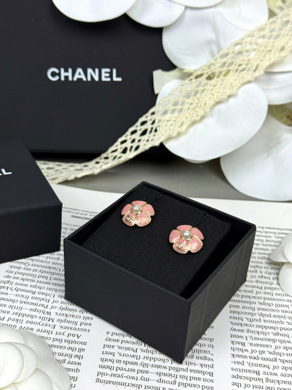 [⭐Sparkve]26C Pink Camellia Pearl Enamel Stud Earrings