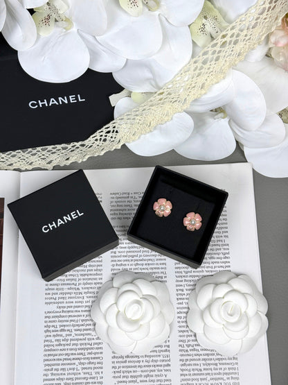 [⭐Sparkve]26C Pink Camellia Pearl Enamel Stud Earrings