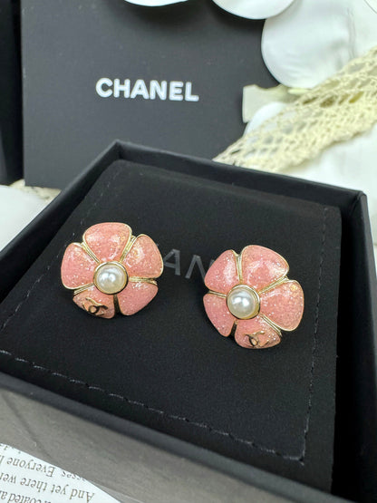 [⭐Sparkve]26C Pink Camellia Pearl Enamel Stud Earrings