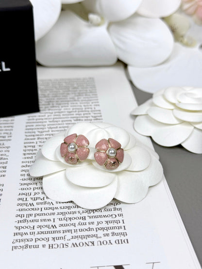 [⭐Sparkve]26C Pink Camellia Pearl Enamel Stud Earrings