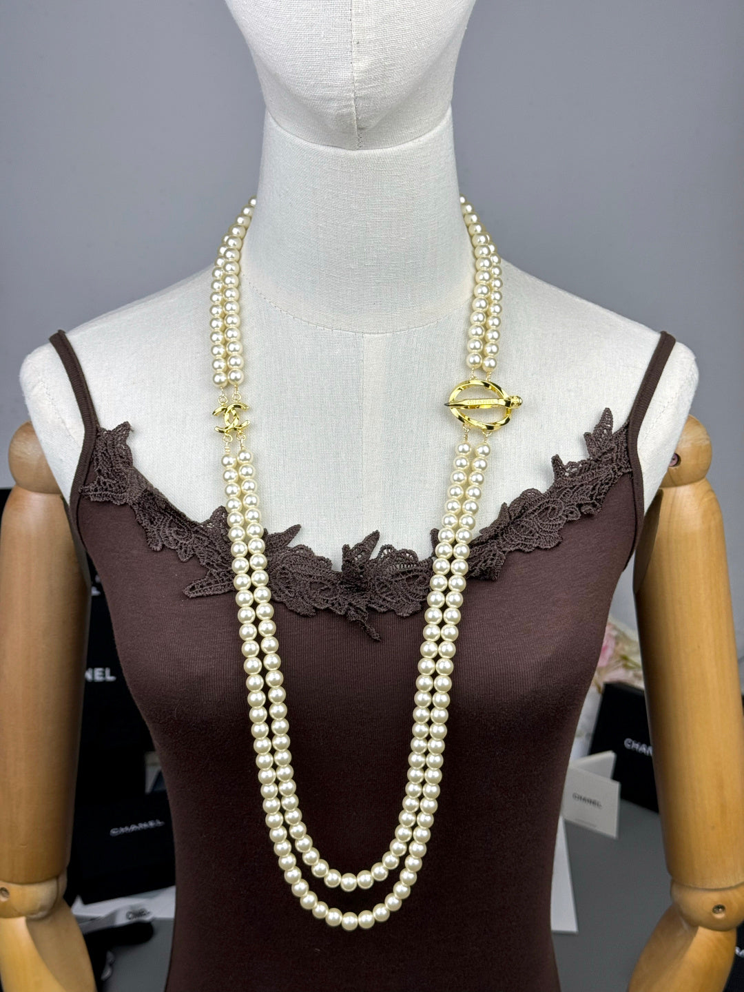 [⭐Sparkve]25K Pencil Double C Double-Layer Pearl Sweater Chain