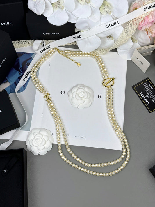 [⭐Sparkve]25K Pencil Double C Double-Layer Pearl Sweater Chain