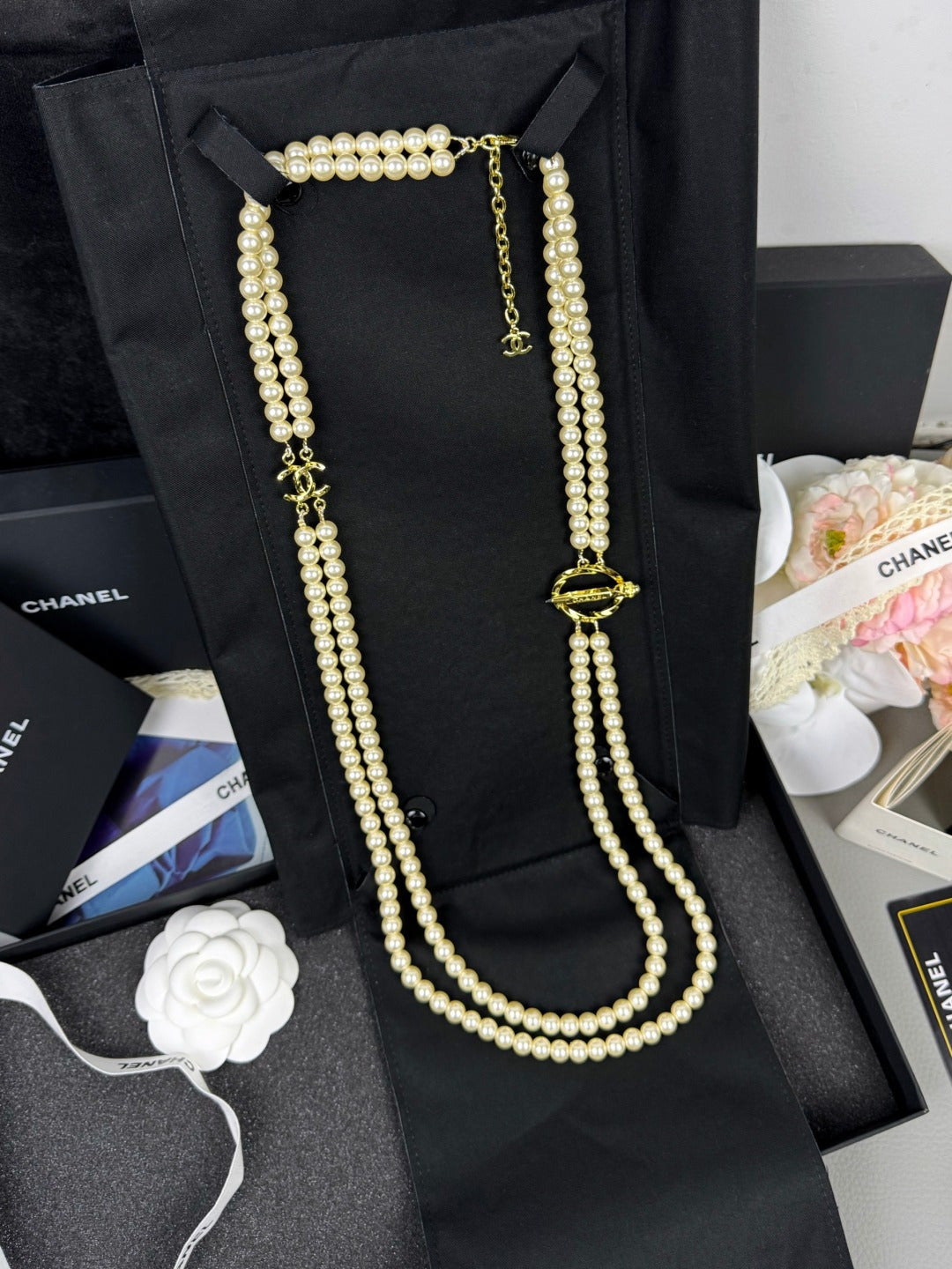 [⭐Sparkve]25K Pencil Double C Double-Layer Pearl Sweater Chain