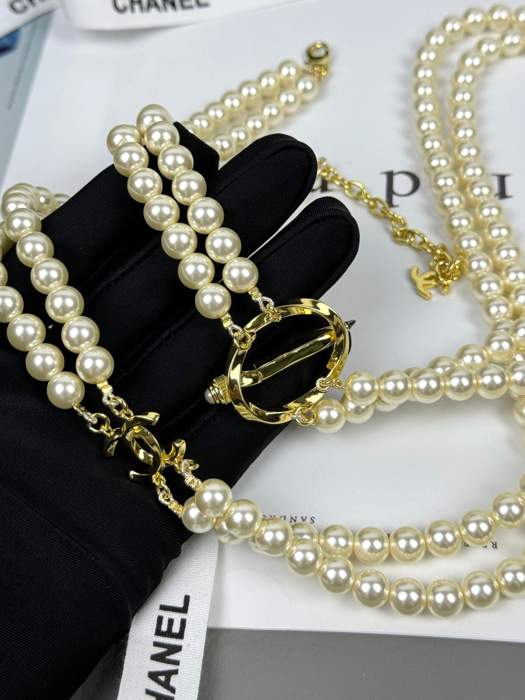[⭐Sparkve]25K Pencil Double C Double-Layer Pearl Sweater Chain
