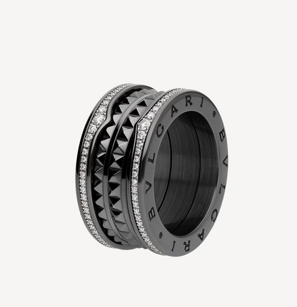 [⭐Sparkve]ZERO 1 ROCK FOUR-BAND BLACK CERAMIC WITH STUDDED SPIRAL AND PAVED DIAMONDS RING