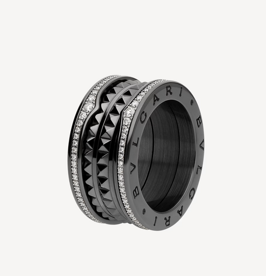 [⭐Sparkve]ZERO 1 ROCK FOUR-BAND BLACK CERAMIC WITH STUDDED SPIRAL AND PAVED DIAMONDS RING