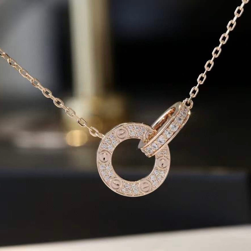 [⭐Sparkve]LOVE 7.6MM NECKLACE ROSE GOLD AND SILVER  FULL DIAMOND