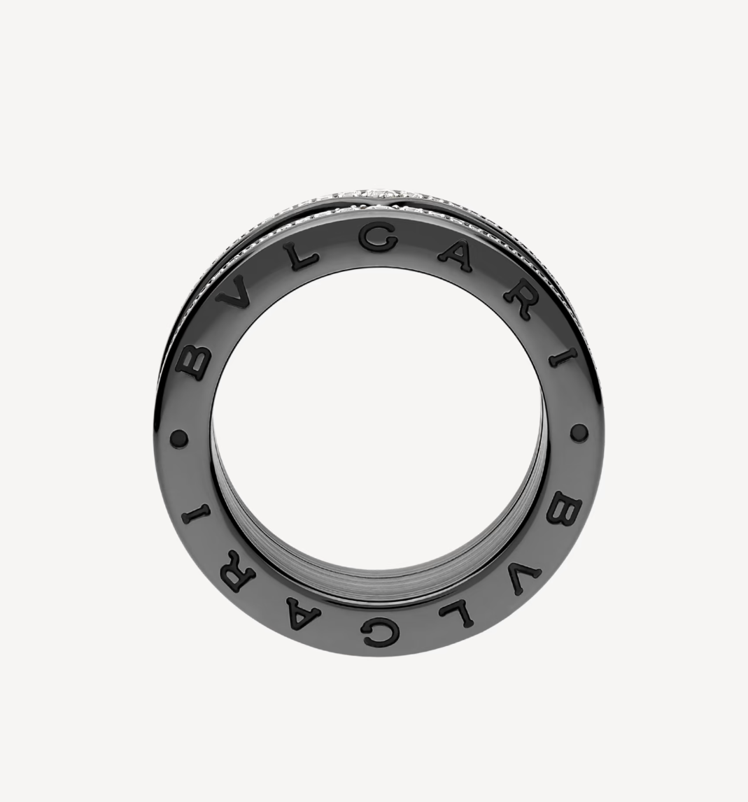 [⭐Sparkve]ZERO 1 ROCK FOUR-BAND BLACK CERAMIC WITH STUDDED SPIRAL AND PAVED DIAMONDS RING