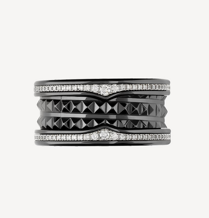 [⭐Sparkve]ZERO 1 ROCK FOUR-BAND BLACK CERAMIC WITH STUDDED SPIRAL AND PAVED DIAMONDS RING